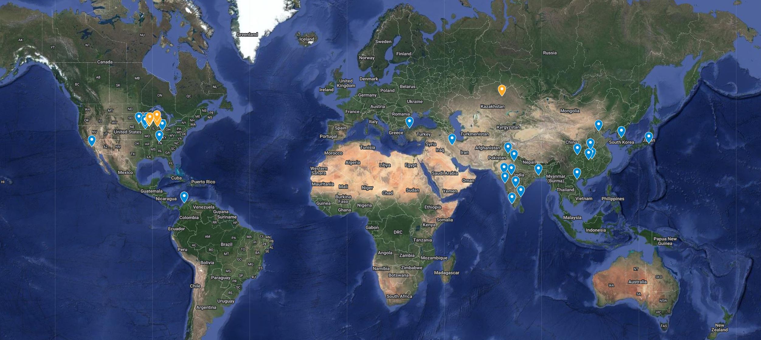 Map of Earth with pin showing geographical origin of incoming Fall 2022 MCS and PhD students