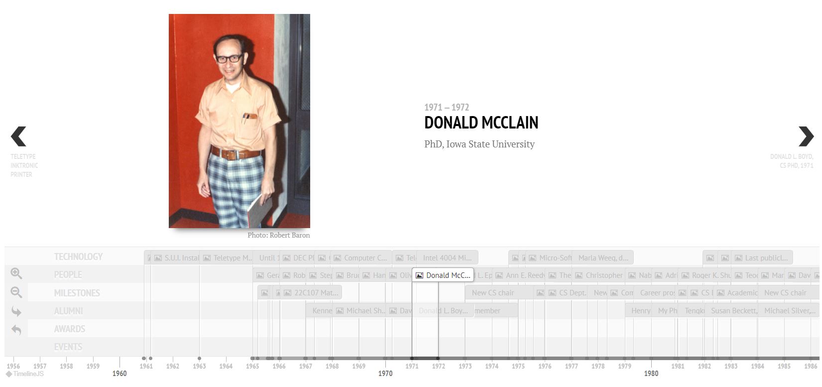 Snapshot from UIowaCS Historical Timeline with Robert Baron photo of McClain in the early 1970s