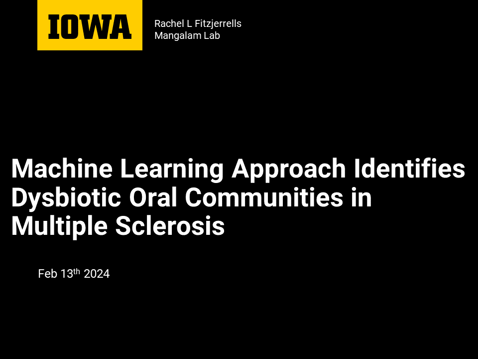 First slide of "Machine Learning Approach Identifies Dysbiotic Oral Communities in Multiple Sclerosis" presentation