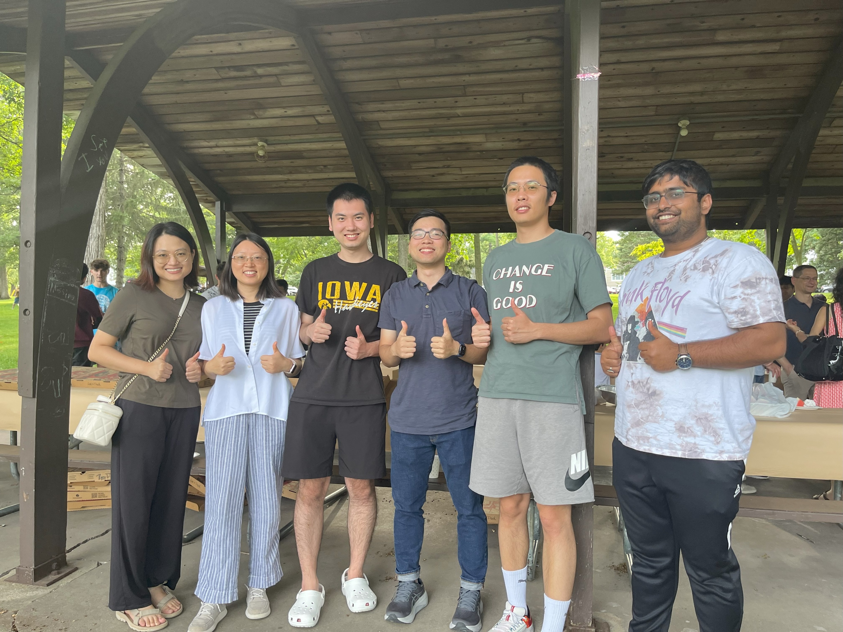 Picture of UIowaCS constituents at Fall 2024 Welcome Picnic, held in Upper City Park shelter in Iowa City on August 30