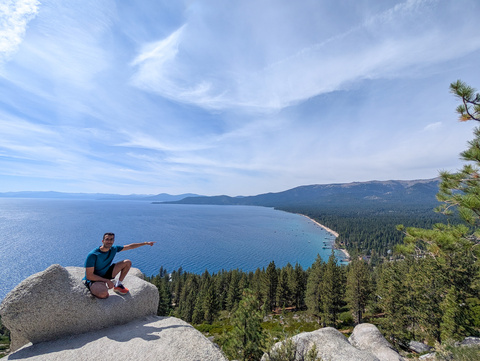 Hussam pointing to Lake Tahoe