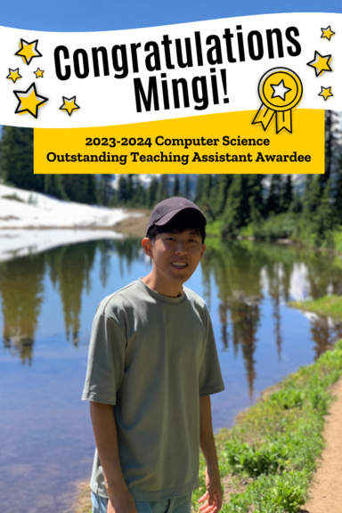 Mingi Lee standing in the outdoors. Above Lee's head is a banner that reads "Congratulations Mingi". The text is surrounded by star icons and a ribbon.