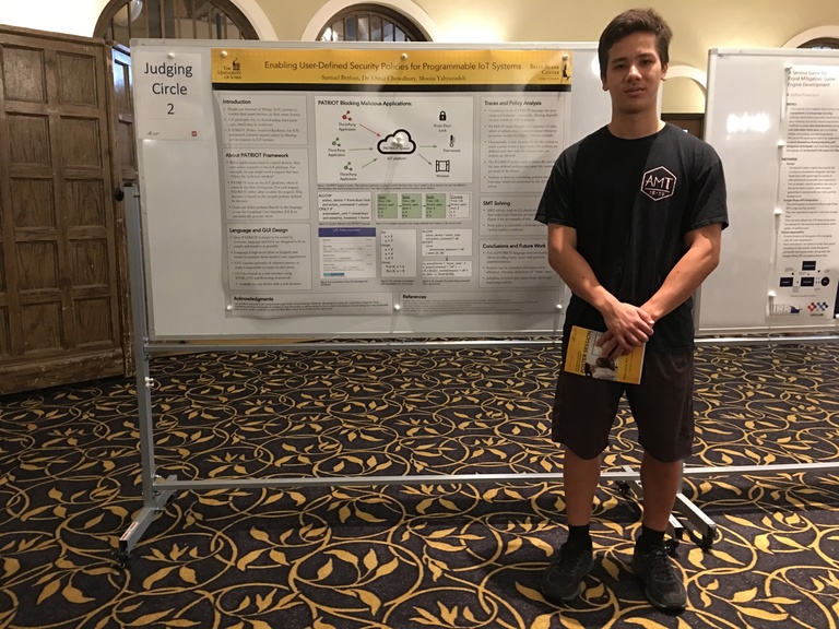 Berkun posing in from his 2019 SSTP poster entitled "Enabling User-Defined Security Policies for Programmable IoT Systems" Berkun posing in from his 2019 SSTP poster entitled "Enabling User-Defined Security Policies for Programmable IoT Systems"