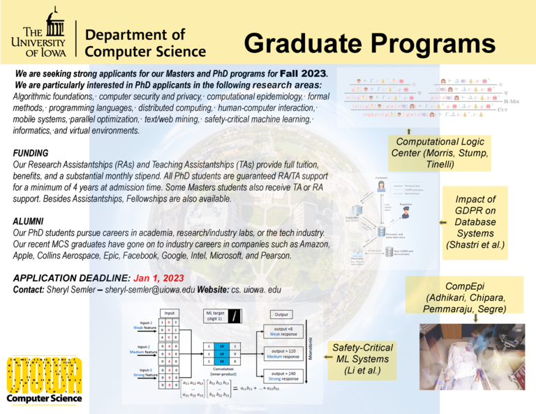 We are seeking strong applicants for our Masters and PhD programs for Fall 2023. We are particularly interested in PhD applicants in the following research areas: Algorithmic foundations,· computer security and privacy,· computational epidemiology,· formal methods,· programming languages,· distributed computing,· human-computer interaction,· mobile systems,·parallel optimization,· text/web mining,· safety-critical machine learning,· informatics,·and virtual environments. [...[