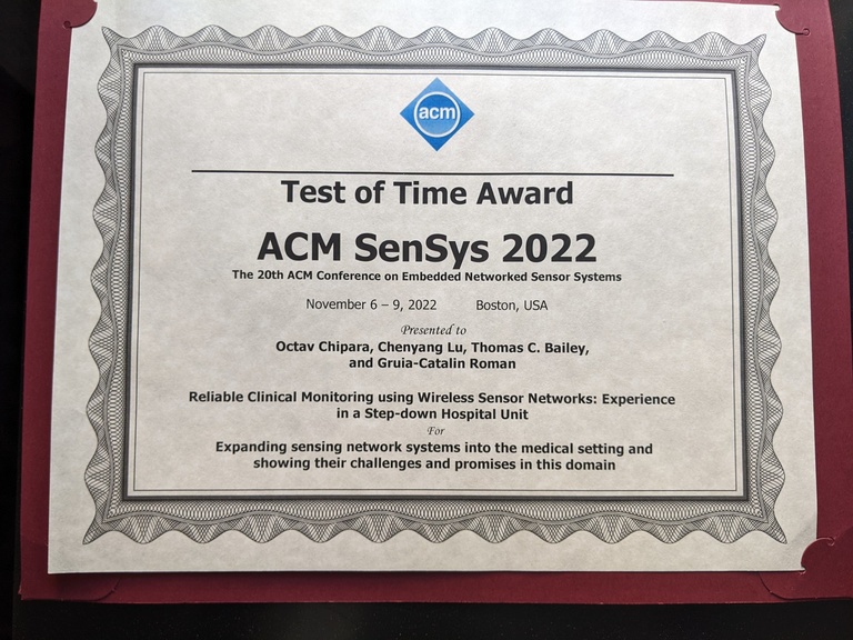Picture by Chipara of Test of Time award received at SenSys 2022