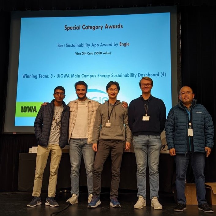 From left to right - Maneesh John, Mitchell Hermon, Raymond Yang , and Julian Wemmie; winners of the 2022 University of Iowa HACKATHON - ENGIE North America Inc. Best Sustainability App category