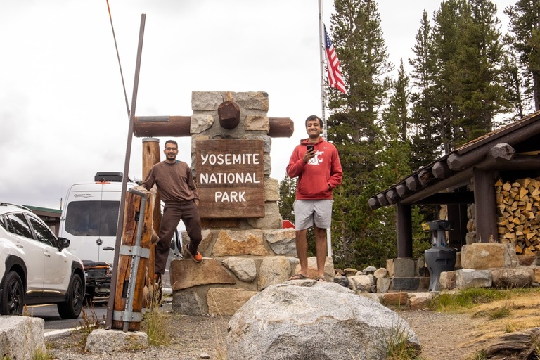Osama and Hussam at Yosemite National Park sign