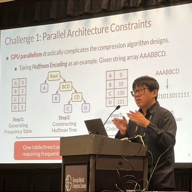 Huang stands in front of a podium while presenting his paper for SC'24. The screen behind Huang reads "Challenge 1: Parallel Architecture Constraints".