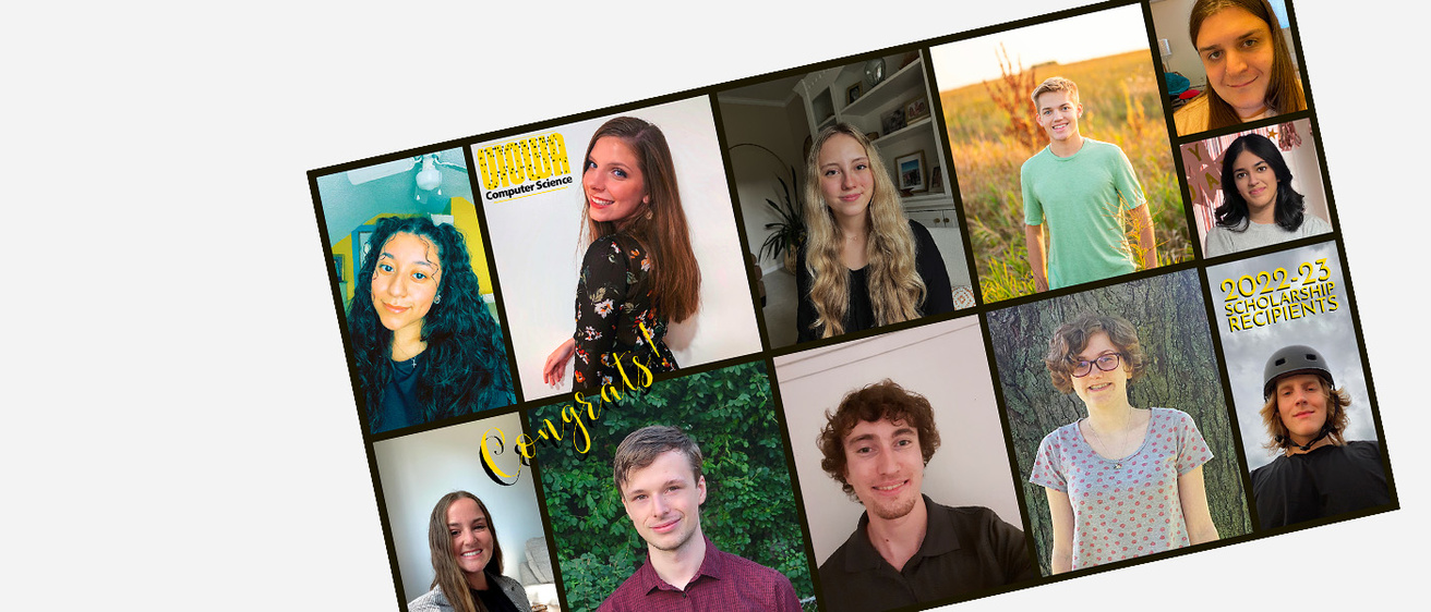 Collage of submitted 2022-23 scholarship awardee portraits + "Congrats!" text and UIowaCS logo