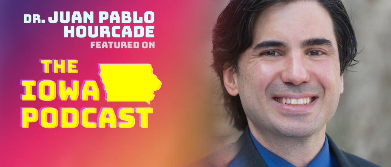 Prof. Juan Pablo Hourcade portrait (Right) with Iowa Podcast logo (Left)