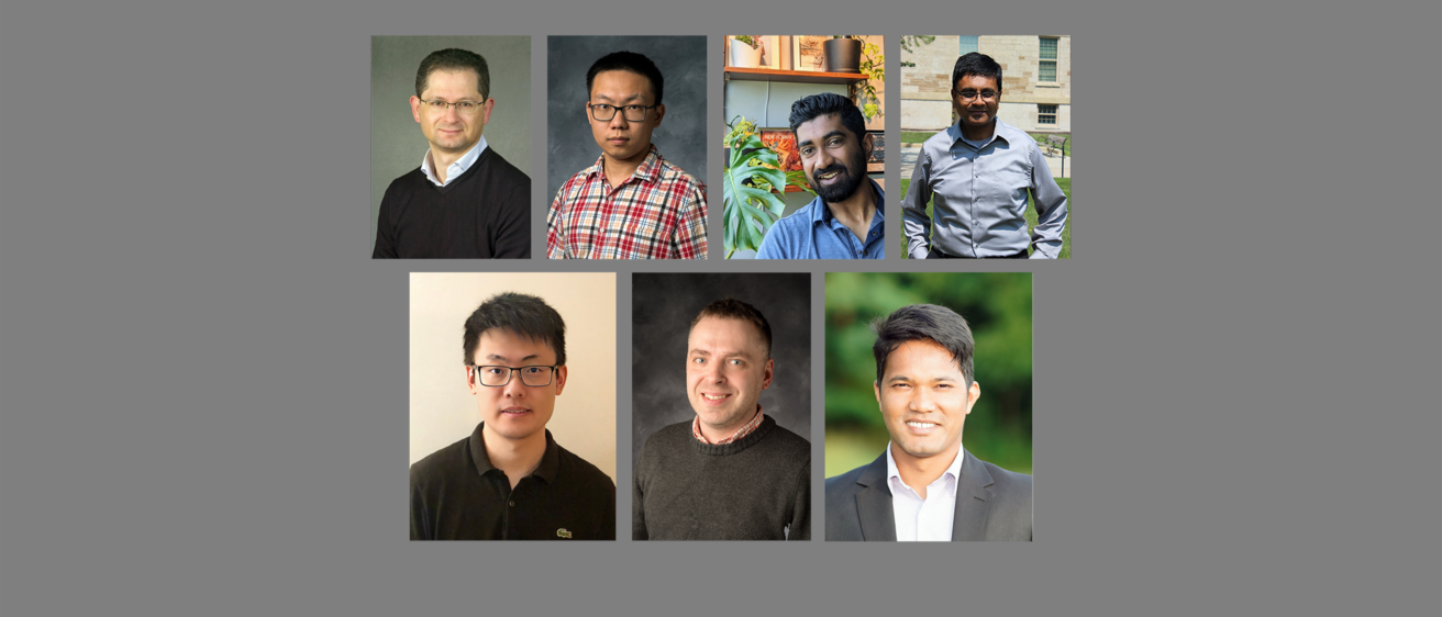 Portraits of several faculty members in the department, including Bijaya Adhikari, Octav Chipara, Peng Jiang, Guanpeng Li, Rishab Nithyanand, Rahul Singh, and Cesare Tinelli, recipients of competitive grants for their research.