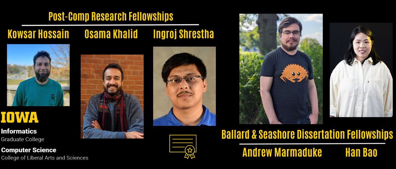 Bao, Hossain, Khalid, Marmaduke, and Shrestha portraits with Grad College award names