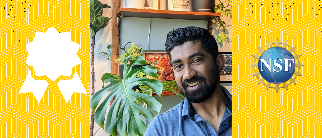 Rishab Nithyanand portrait on "brain rock" inspired pattern - with NSF logo