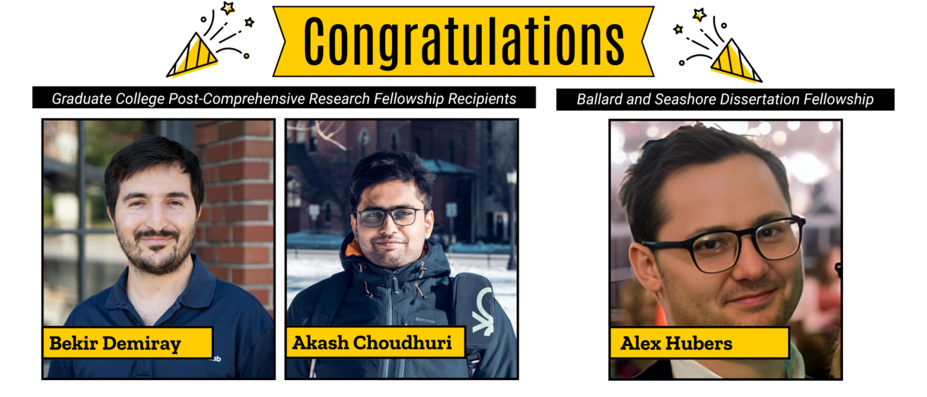 Sign reading "Congratulations" with confetti on either side; pictured below (from left to right) is Bekir Demiray, Akash Choudhuri, and Alex Hubers