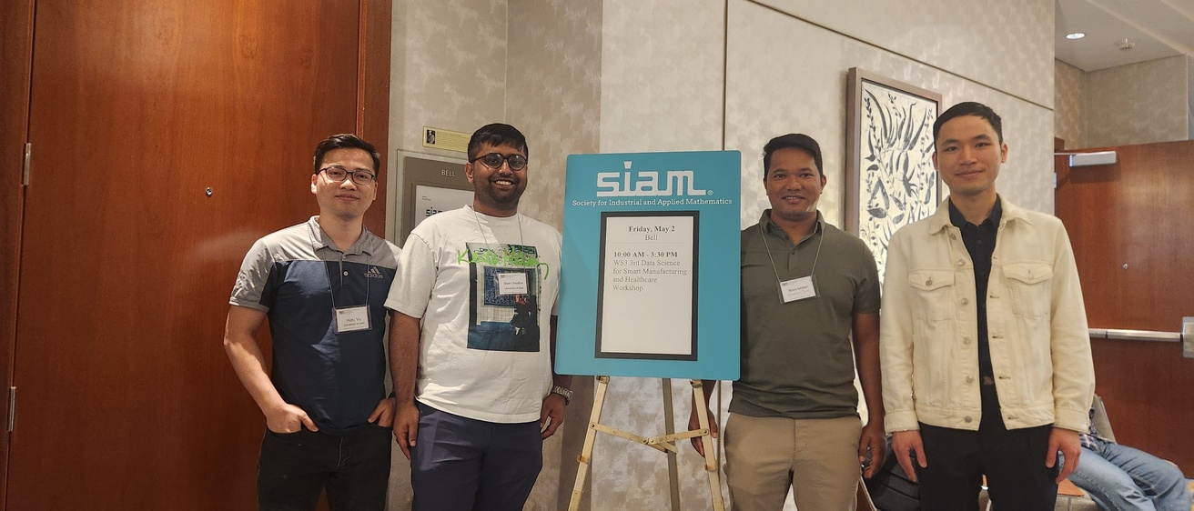 (From left to right) Ph.D candidates Hieu Vu and Choudhuri Akash and Professors Bijaya Adhikari and Muchao Ye pictured together at SDM25