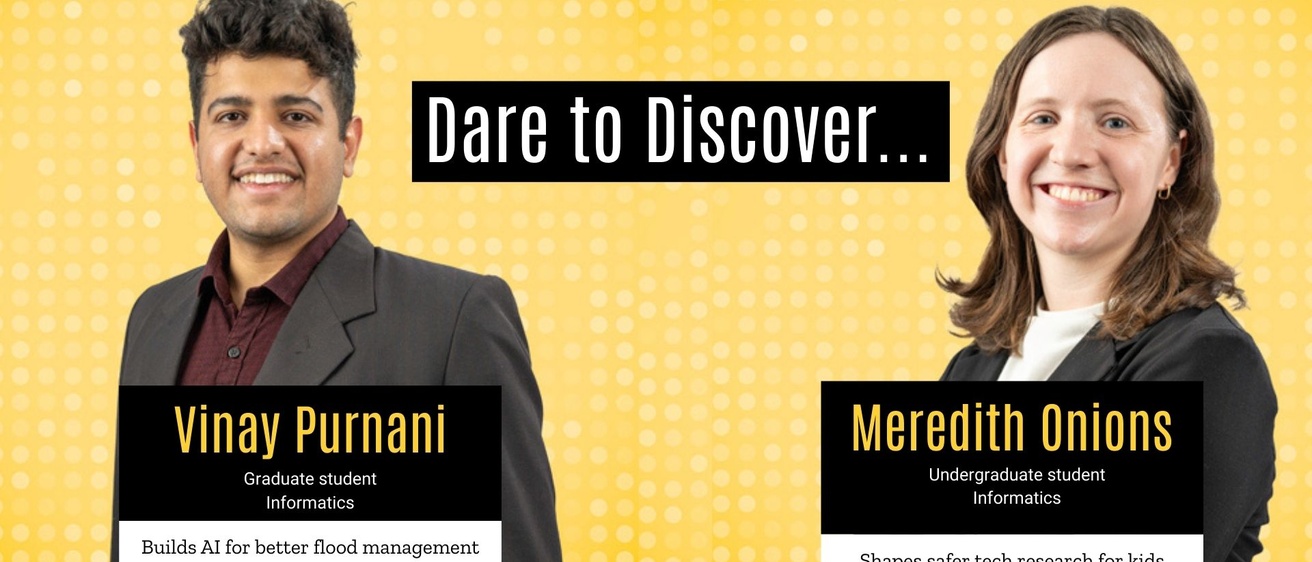 Two Dare to Discover Honorees, Vinay Pursnani and Meredith Onions, on a yellow background