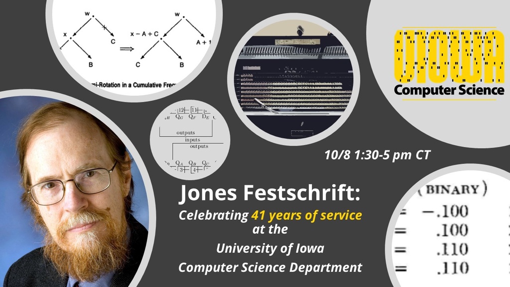 Doug Jones with event details "Jones Festschrift: Celebrating 41 years of service at the University of Iowa Computer Science Department and images excerpted from Jones research