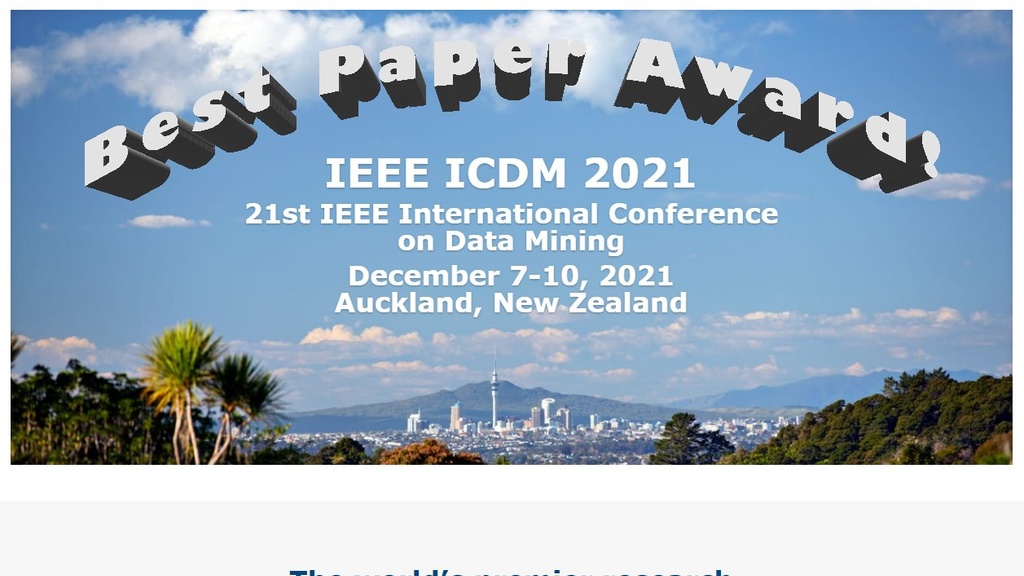 "Best Paper Award!" printed over snapshot from conference website with text: IEEE ICDM 2021 21st IEEE International Conference on Data Mining December 7-10, 2021 Auckland, New Zealand