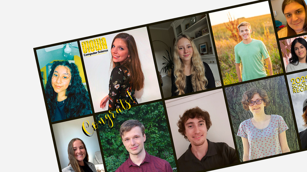 Collage of submitted 2022-23 scholarship awardee portraits + "Congrats!" text and UIowaCS logo