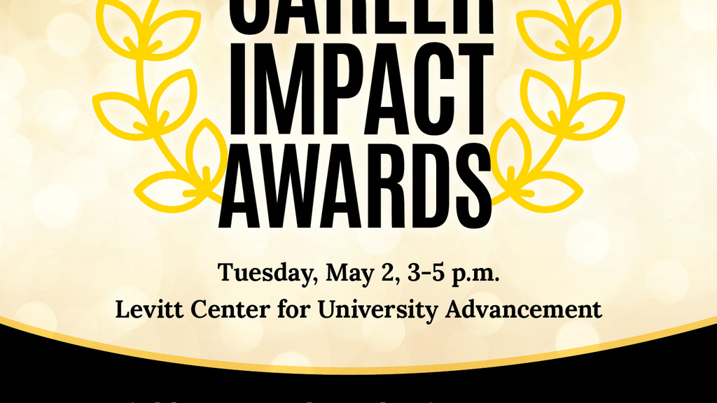 "Career Impact Award" text on Black and Gold background with gold laurels and event date/location Tuesday May 2, 2023, at the Levitt Center for University Advancement 3-5pm with UIowaCS award title "Highly Engaged Academic Department" and logo.