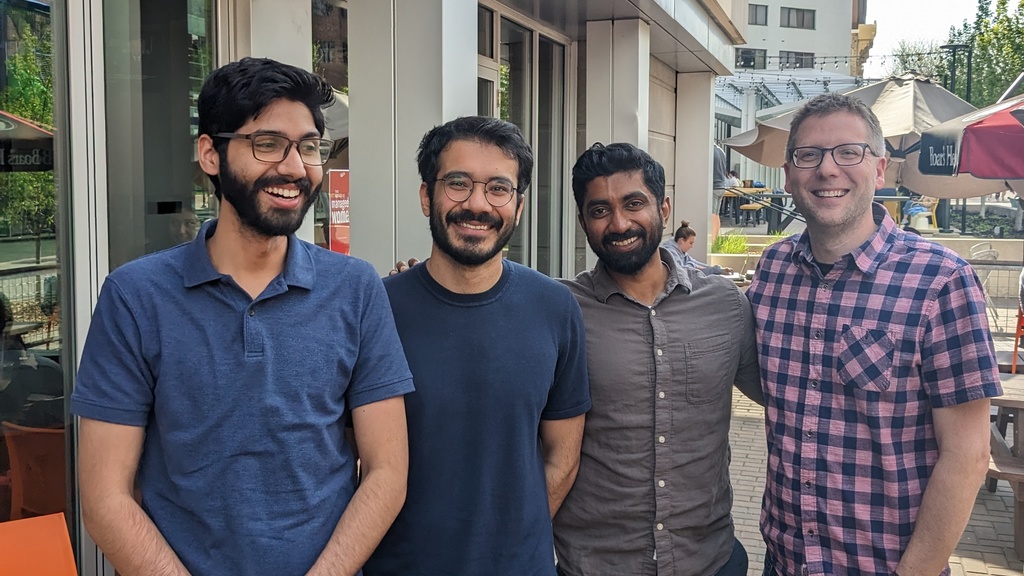 Picture, courtesy of Rishab, from team's celebration the day they got the news of the award.” Pictured with Rishab Nithyanand and Brian Ekdale are PhD students Sarmad Chandio and Hussam Habib (L to R).