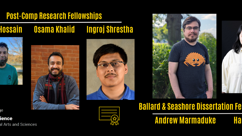 Bao, Hossain, Khalid, Marmaduke, and Shrestha portraits with Grad College award names