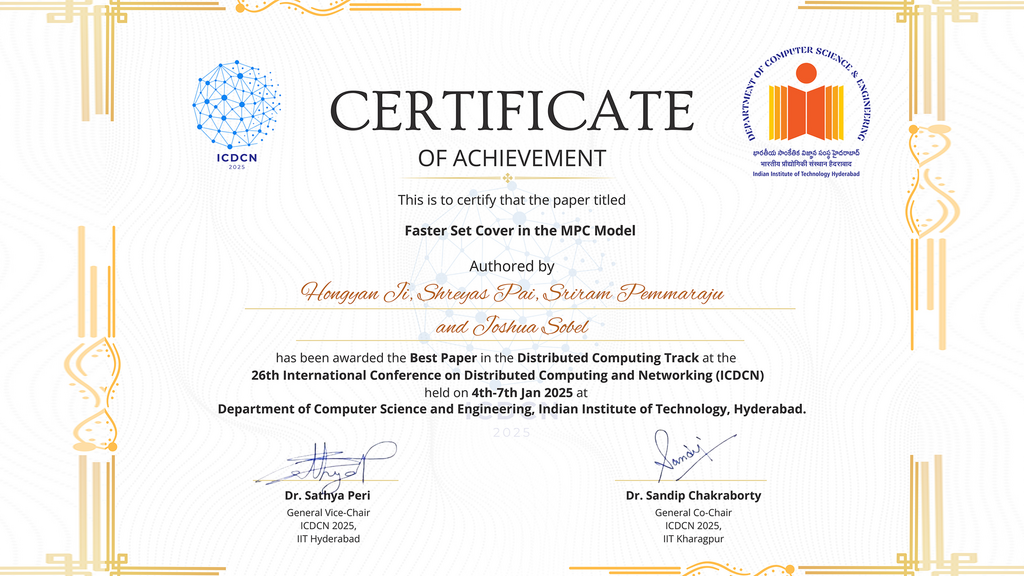Signed Best Paper in Distributed Computing Track for “Faster Set Cover in the MPC Model” - contributed