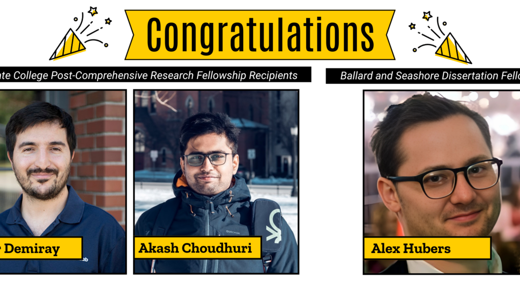Sign reading "Congratulations" with confetti on either side; pictured below (from left to right) is Bekir Demiray, Akash Choudhuri, and Alex Hubers
