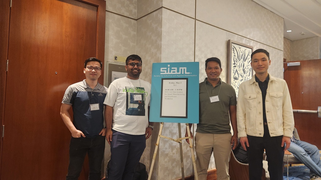 (From left to right) Ph.D candidates Hieu Vu and Choudhuri Akash and Professors Bijaya Adhikari and Muchao Ye pictured together at SDM25