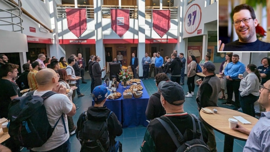 The staff of Sports Reference, led by founder and president Sean Forman, inset, tours the National Baseball Hall of Fame and Museum in Cooperstown, N.Y., in May 2024.