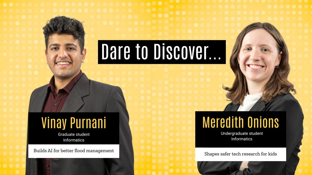 Two Dare to Discover Honorees, Vinay Pursnani and Meredith Onions, on a yellow background