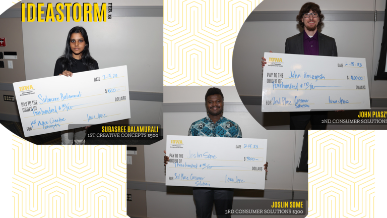 Pictures of Subasree Balamurali, John Piaszynski, and Joslin Some holding their Spring '23 IdeaStorm checks