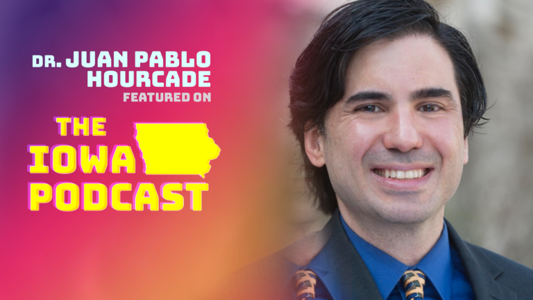 Prof. Juan Pablo Hourcade portrait (Right) with Iowa Podcast logo (Left)